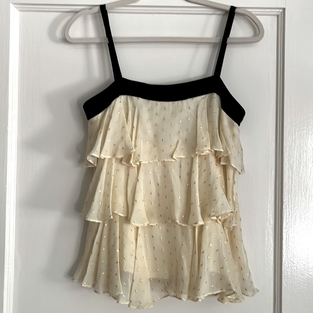 Milly cream/black/gold ruffle top with bow accents on back straps - side zip